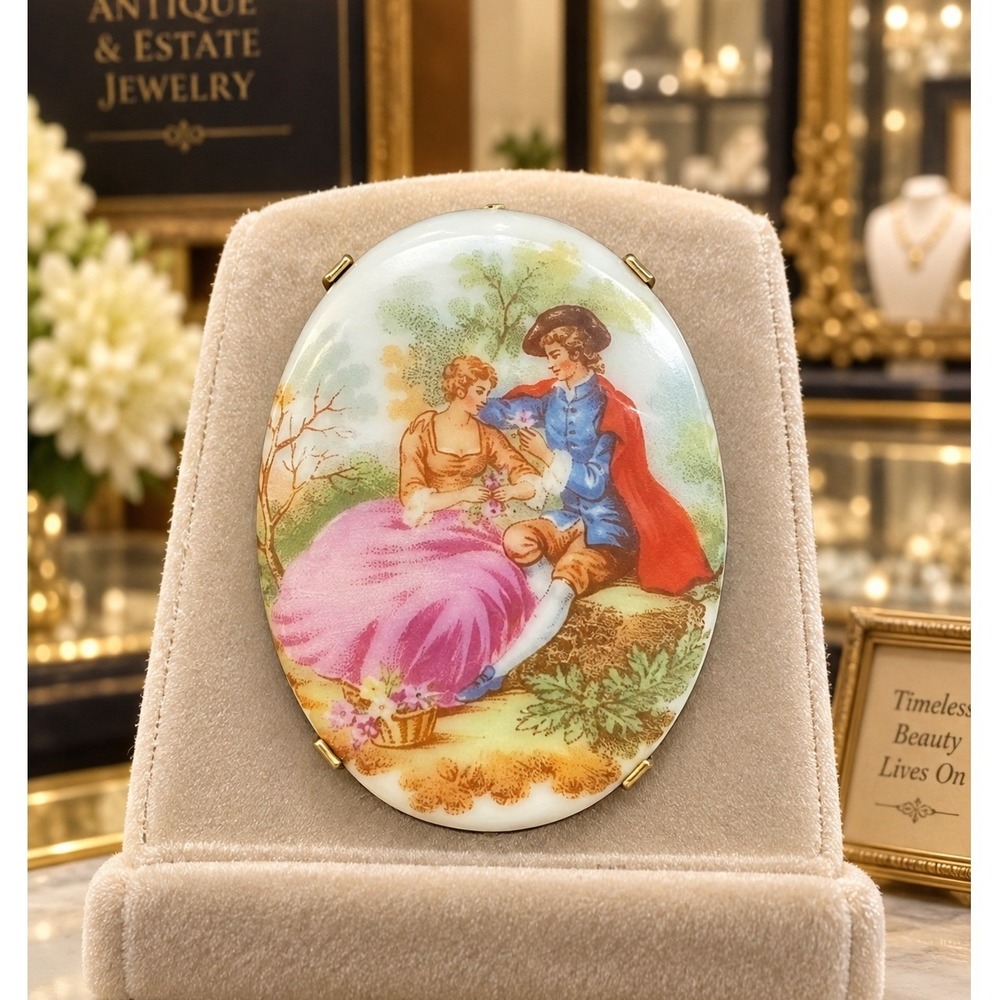 Vintage Porcelain Transfer Courting Couple Gold Tone Oval Brooch Pin